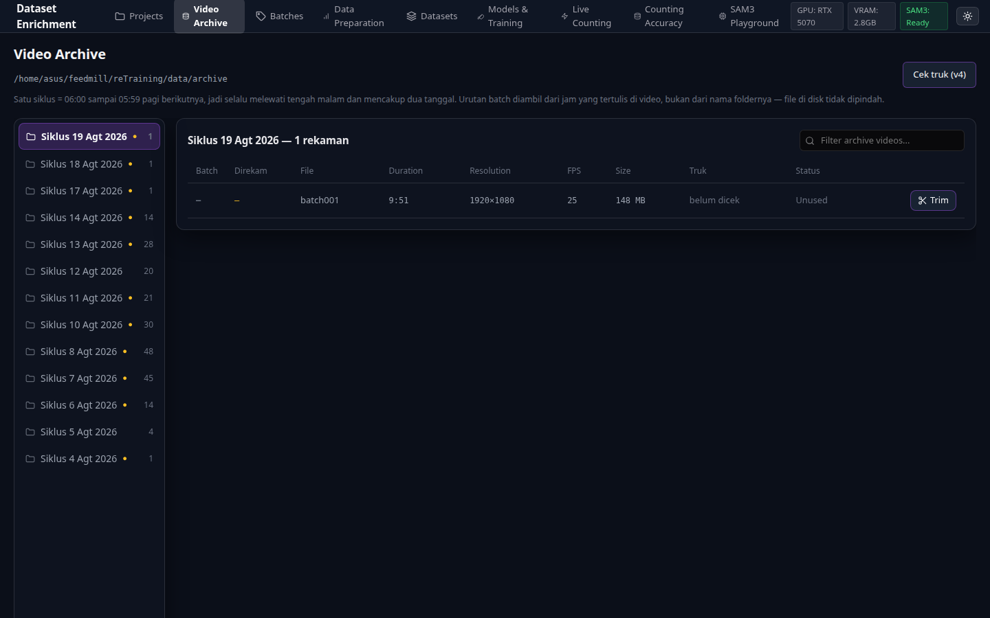 Video Archive Shift Cycle Browser